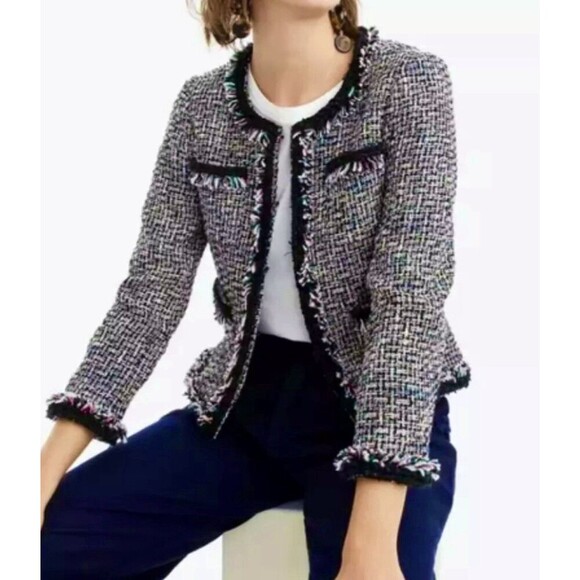 J. Crew Lady Metallic Tweed Jacket Blazer Black Rainbow Multi Fringe Women’s 8 - Picture 1 of 15